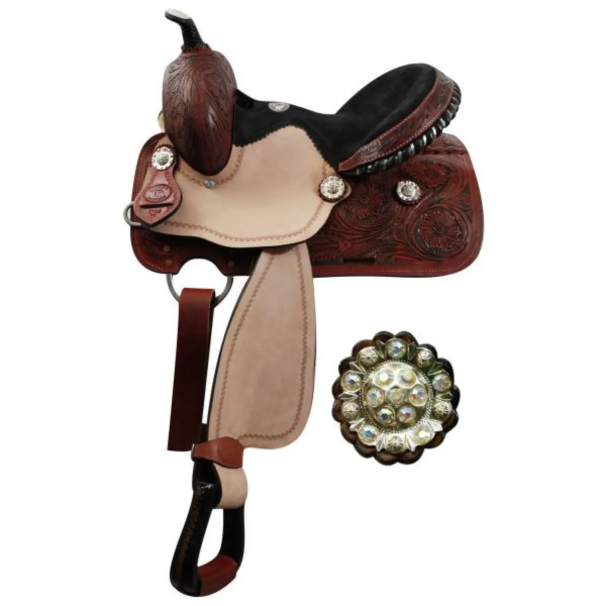 13" YOUTH DOUBLE T BARREL SADDLE WITH FULLY TOOLED POMMEL, SKIRTS AND CANTLE