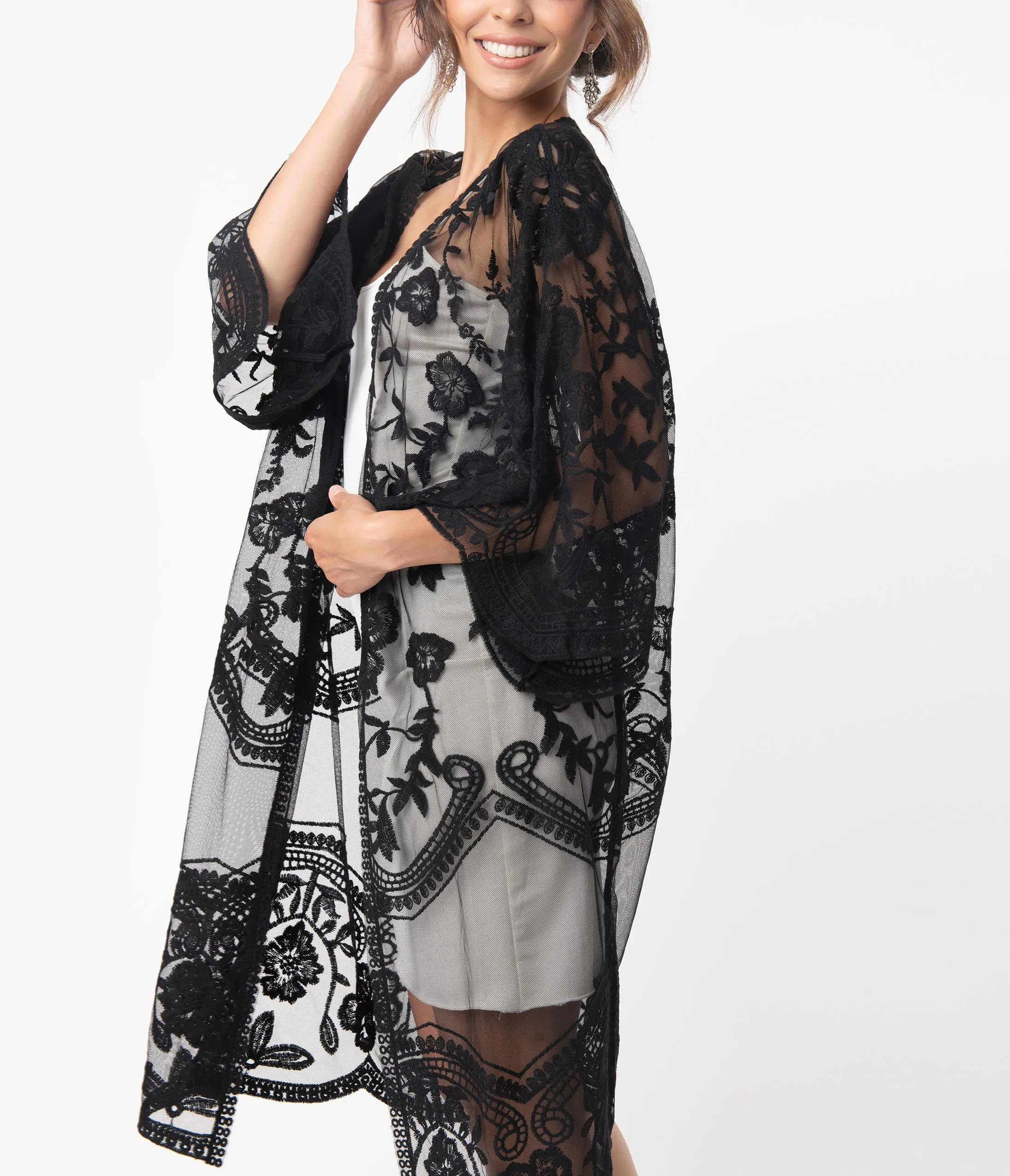 1920s Style Black Crochet Lace Kimono