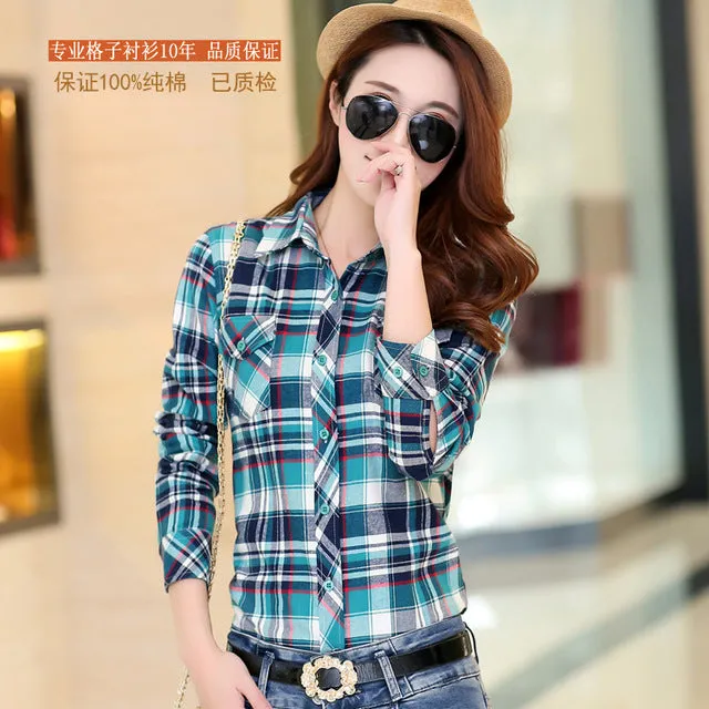 2016 Autumn New Arrival Flannel Plaid Shirt Women Casual Cotton Plus Size Long Sleeve Blouses Shirts Clothing Girl College Style