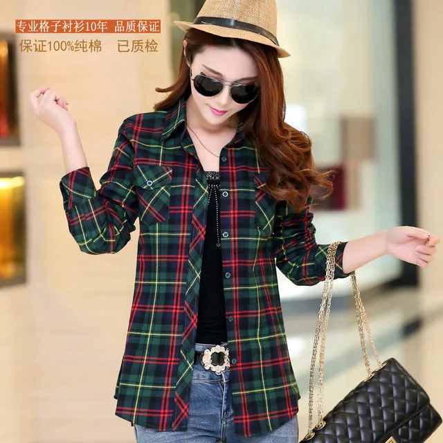 2016 Autumn New Arrival Flannel Plaid Shirt Women Casual Cotton Plus Size Long Sleeve Blouses Shirts Clothing Girl College Style