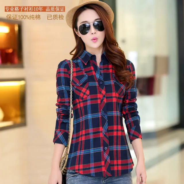 2016 Autumn New Arrival Flannel Plaid Shirt Women Casual Cotton Plus Size Long Sleeve Blouses Shirts Clothing Girl College Style