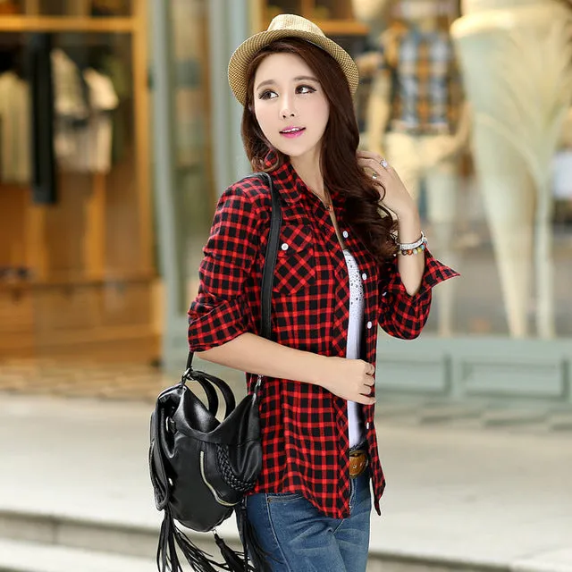 2016 Autumn New Arrival Flannel Plaid Shirt Women Casual Cotton Plus Size Long Sleeve Blouses Shirts Clothing Girl College Style