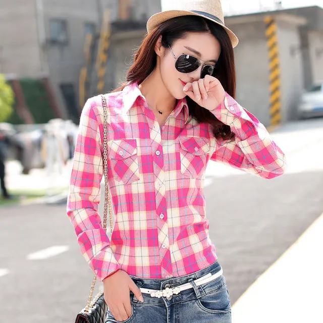 2016 Autumn New Arrival Flannel Plaid Shirt Women Casual Cotton Plus Size Long Sleeve Blouses Shirts Clothing Girl College Style