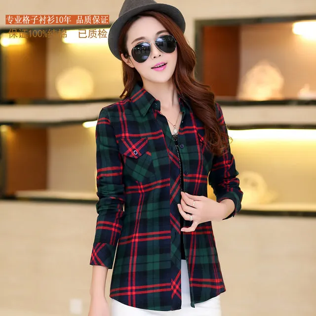 2016 Autumn New Arrival Flannel Plaid Shirt Women Casual Cotton Plus Size Long Sleeve Blouses Shirts Clothing Girl College Style