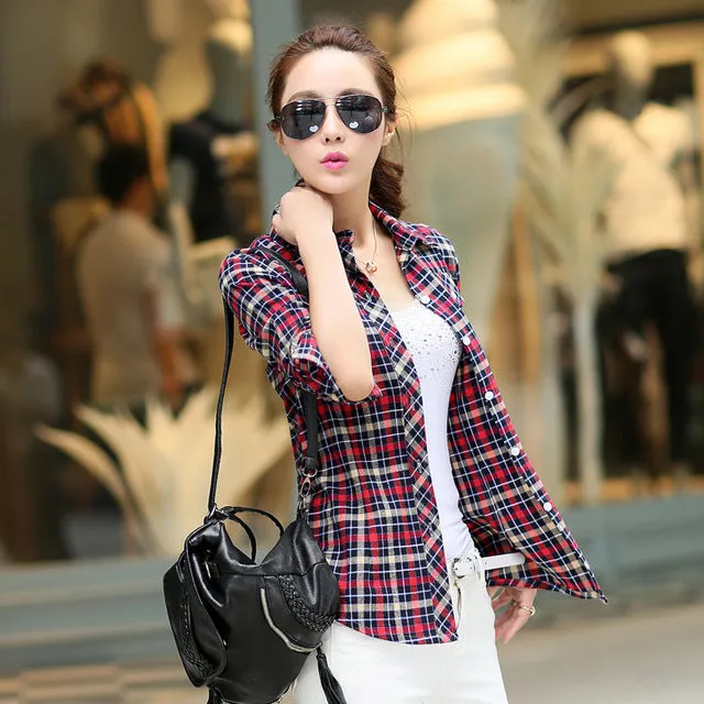 2016 Autumn New Arrival Flannel Plaid Shirt Women Casual Cotton Plus Size Long Sleeve Blouses Shirts Clothing Girl College Style