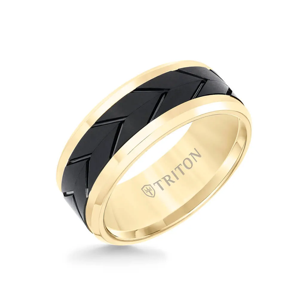 8MM Tungsten Carbide Ring - Black Tire Tread Center and Bevel Edge