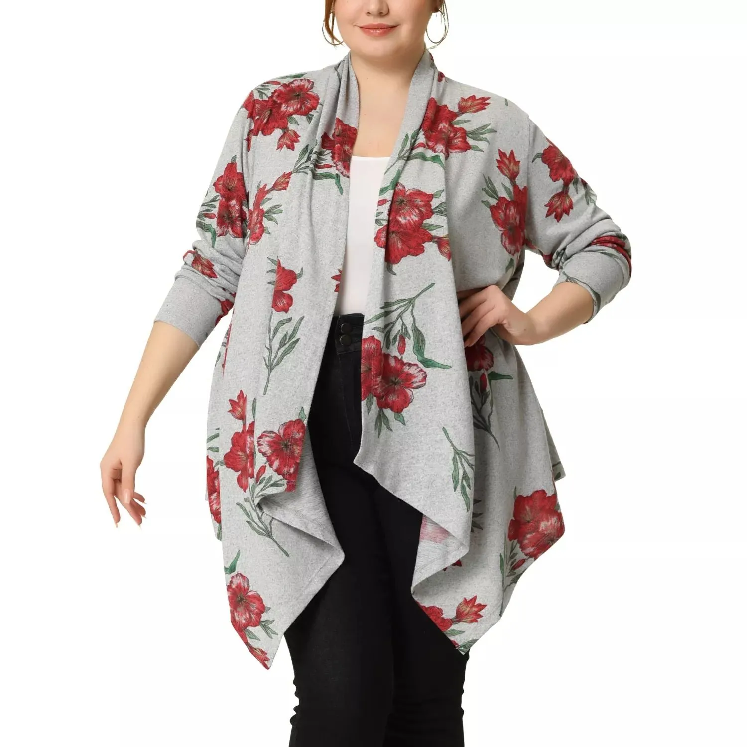 Agnes Orinda Women's Autumn Open Front Cardigan with Owl Print Plus Size , red/gray