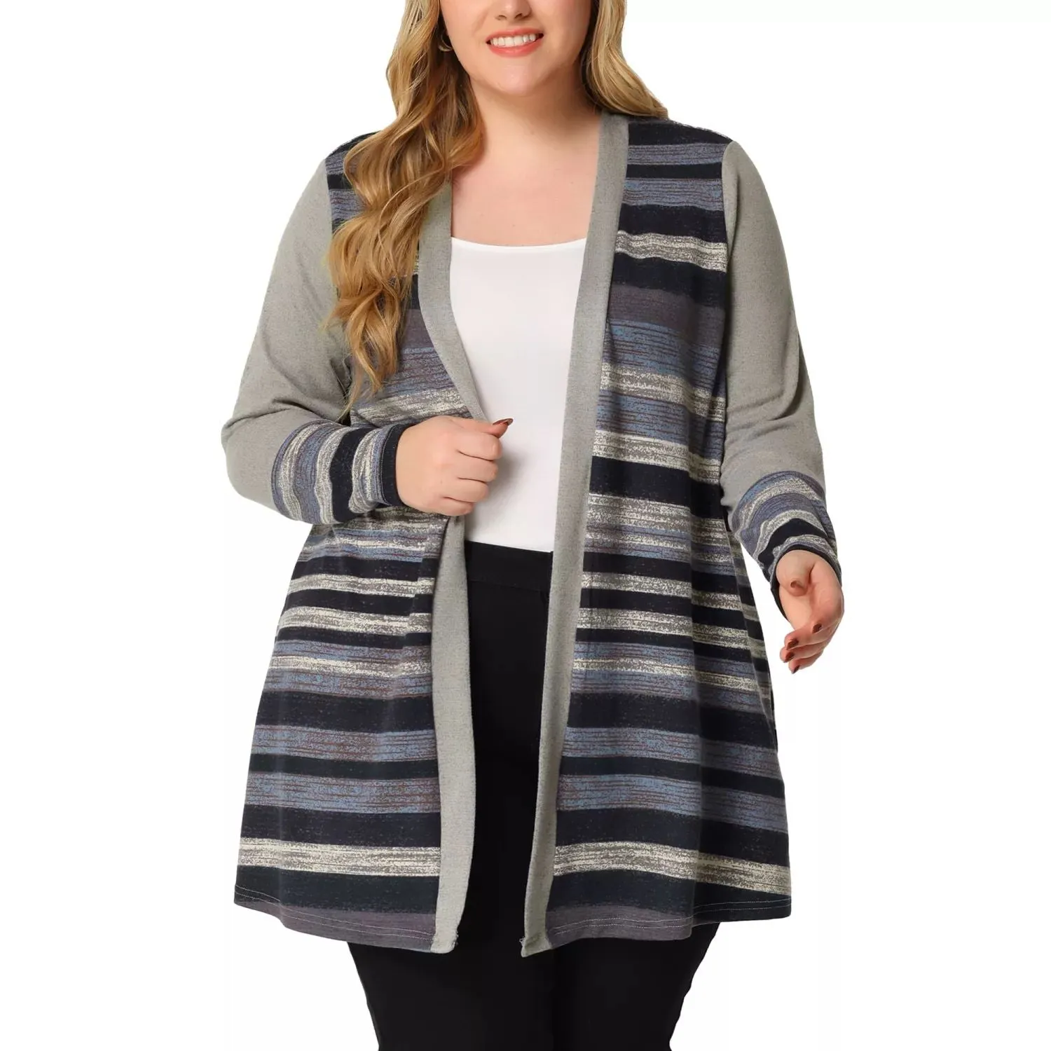 Agnes Orinda Women's Autumn Striped Plus Size Long Sleeve Open Front Cardigan ,  grey