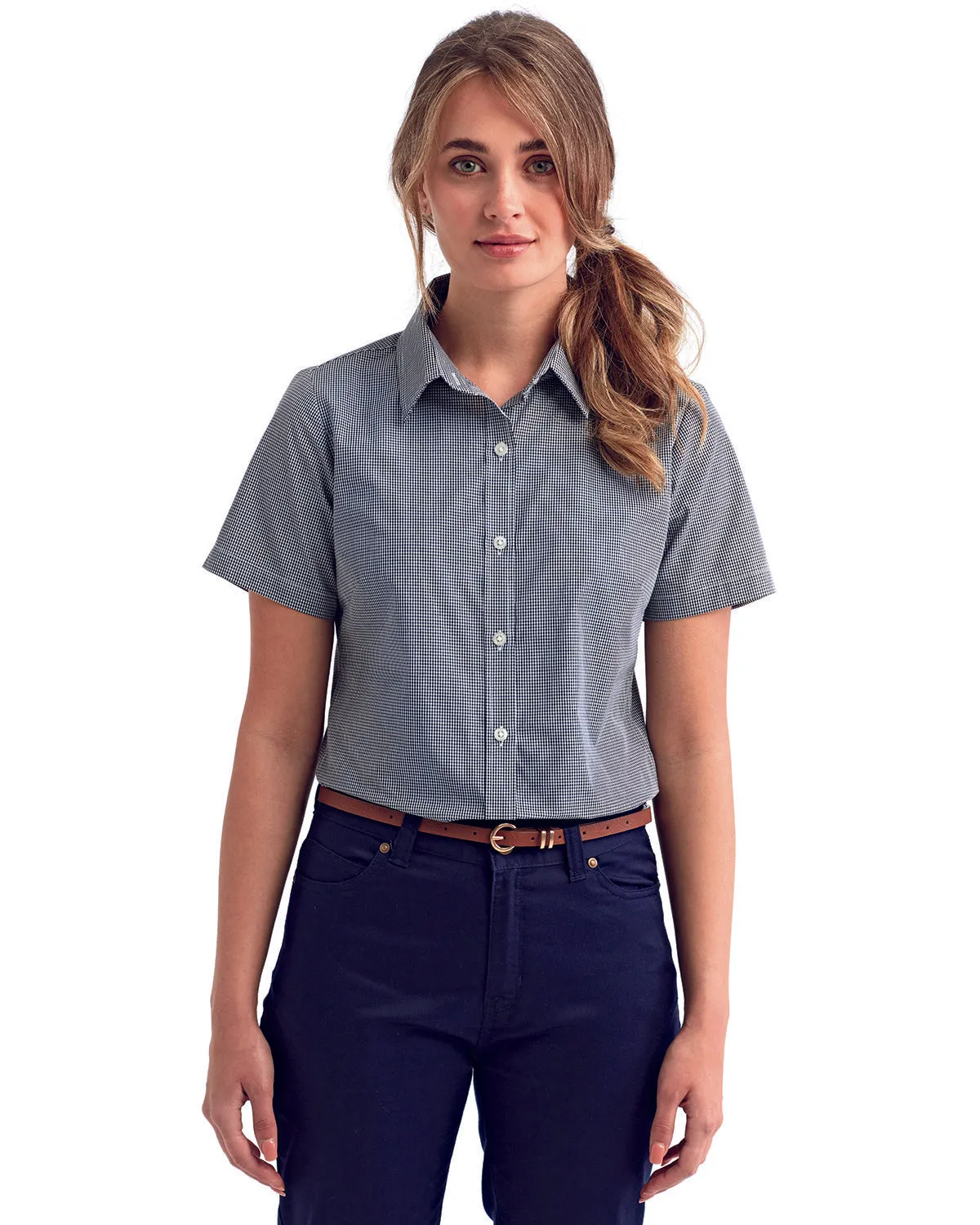 Artisan Collection by Reprime Ladies' Microcheck Gingham Short-Sleeve Cotton Shirt