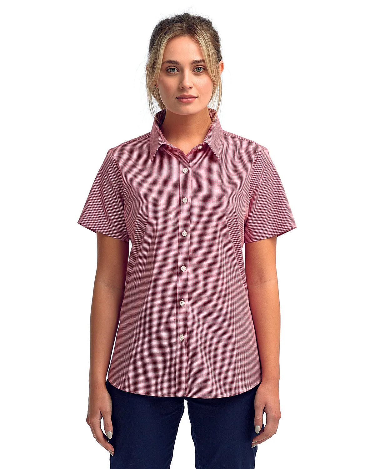 Artisan Collection by Reprime Ladies' Microcheck Gingham Short-Sleeve Cotton Shirt