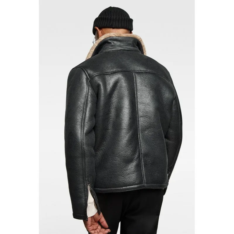 Black Leather Shearling Jacket With Contrasting Trim