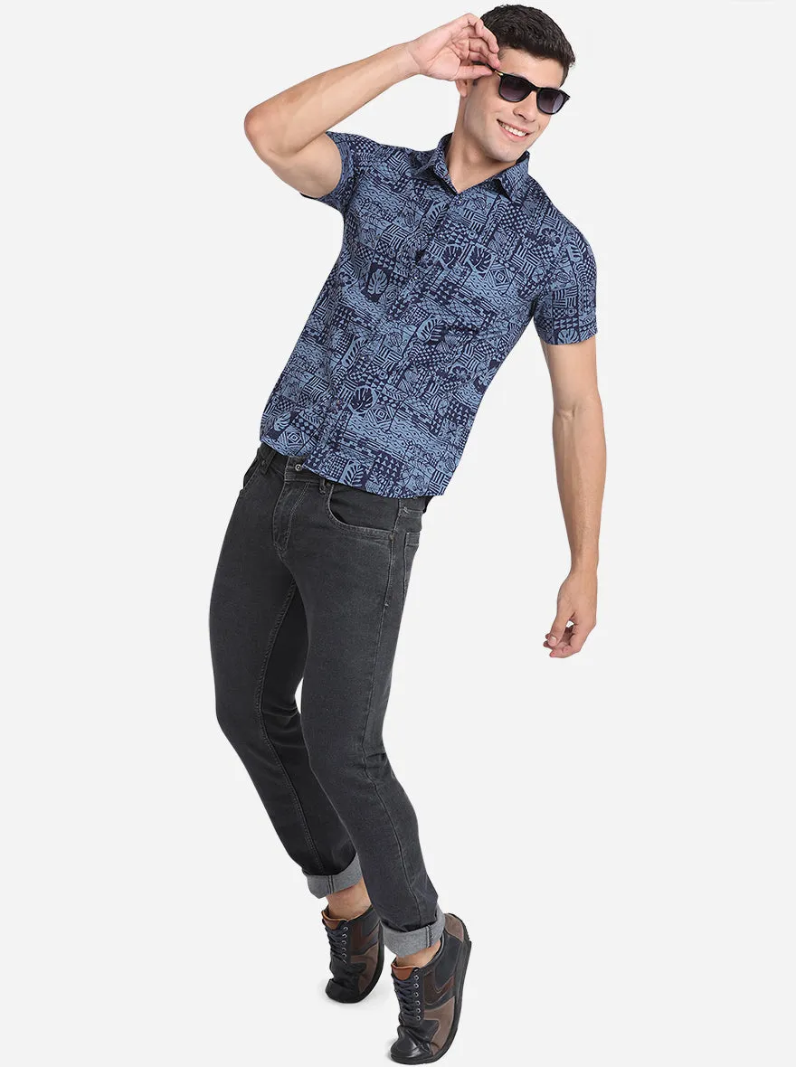 Brilliant Blue Printed Slim Fit Semi Casual Shirt | Greenfibre