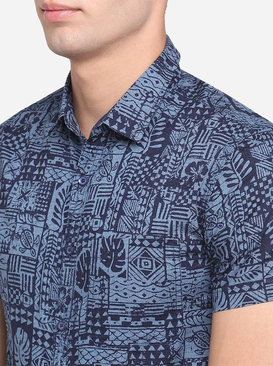 Brilliant Blue Printed Slim Fit Semi Casual Shirt | Greenfibre