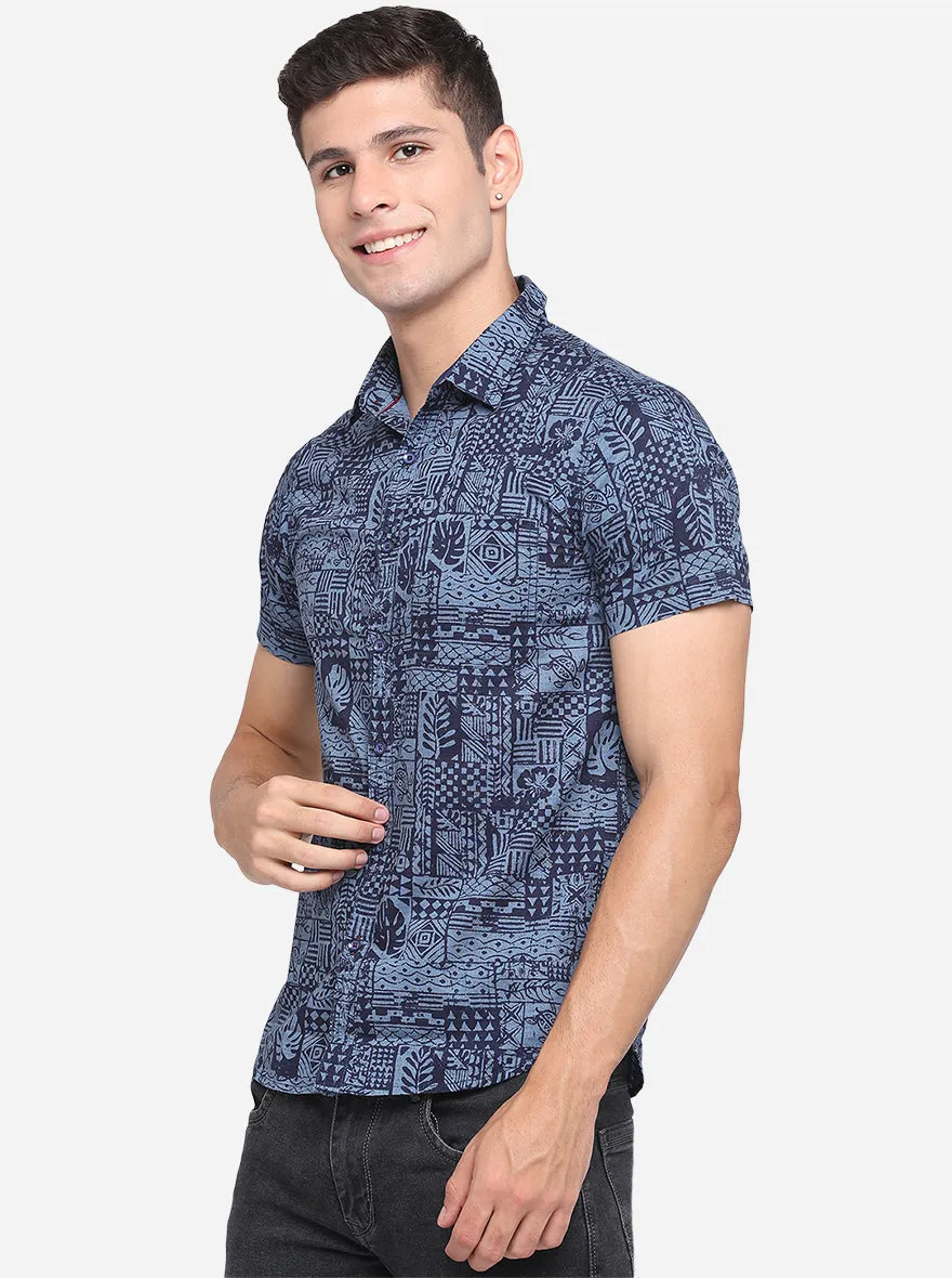 Brilliant Blue Printed Slim Fit Semi Casual Shirt | Greenfibre