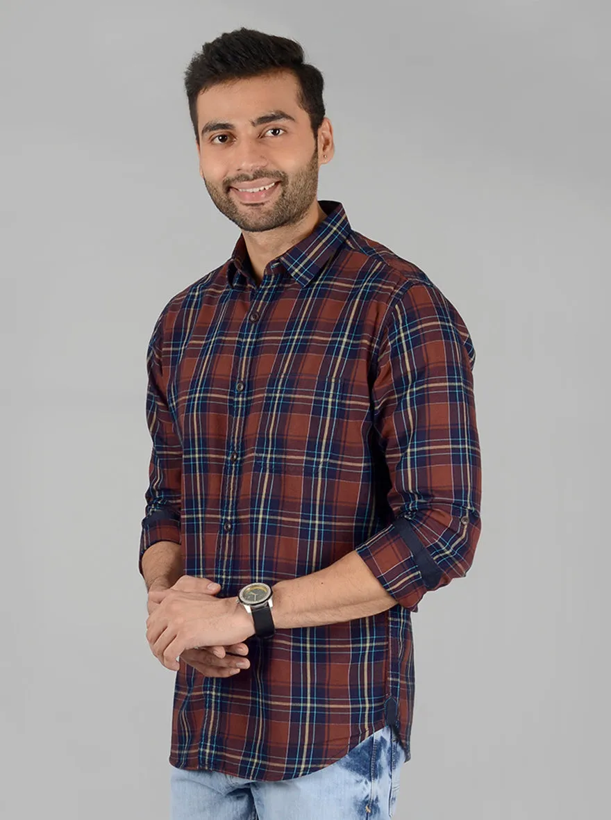 Brown Checked Slim Fit Casual Shirt | Greenfibre