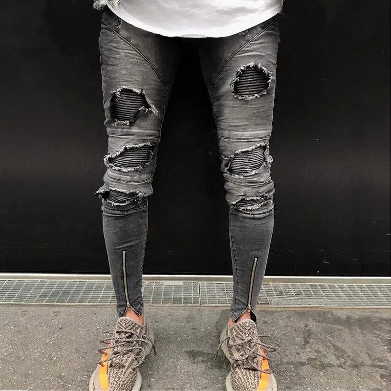 Burnt Grey Ripped Skinny Ankle Zipper Jeans