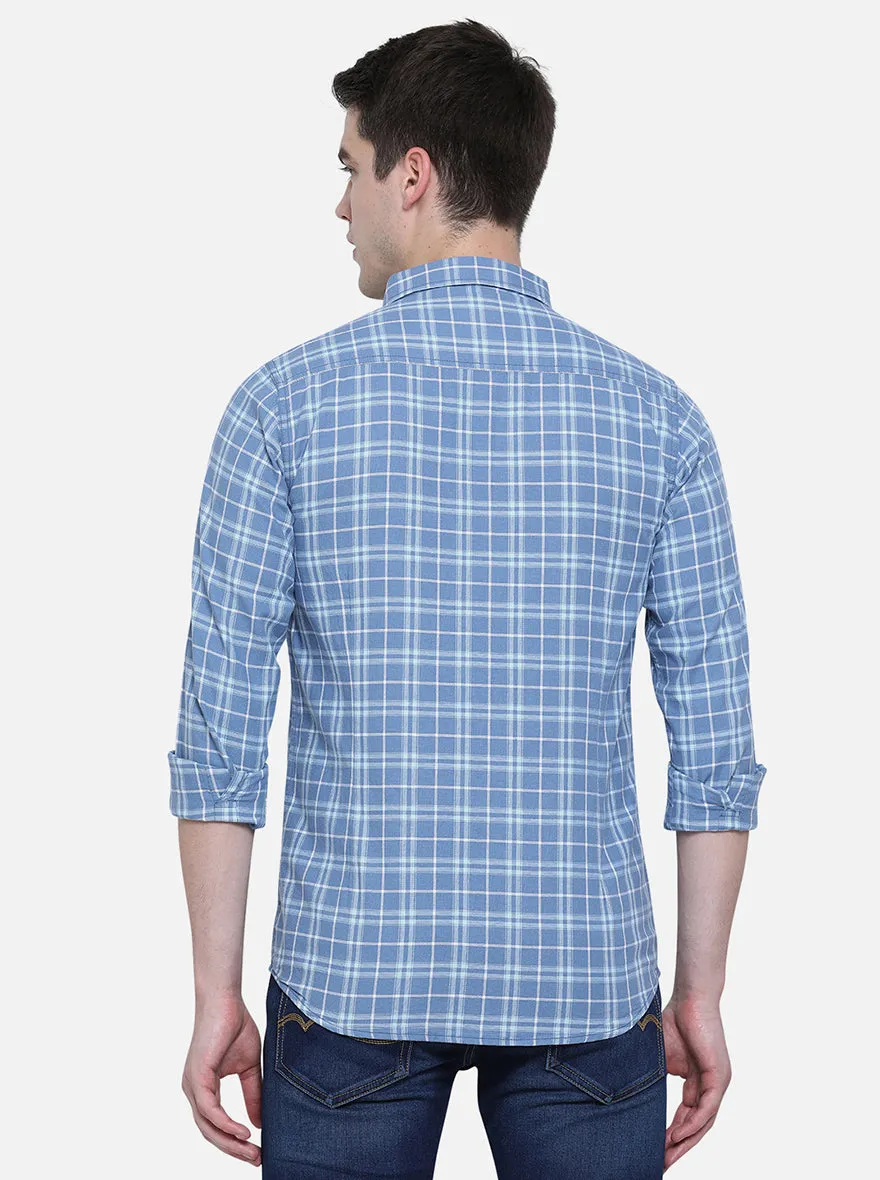 Copen Blue Checked Slim Fit Semi Casual Shirt | JadeBlue