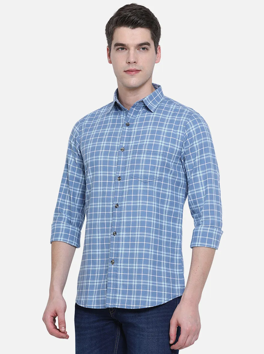 Copen Blue Checked Slim Fit Semi Casual Shirt | JadeBlue