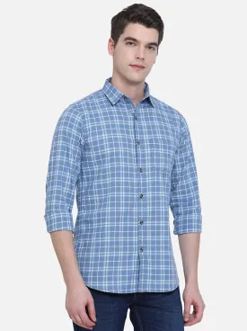 Copen Blue Checked Slim Fit Semi Casual Shirt | JadeBlue