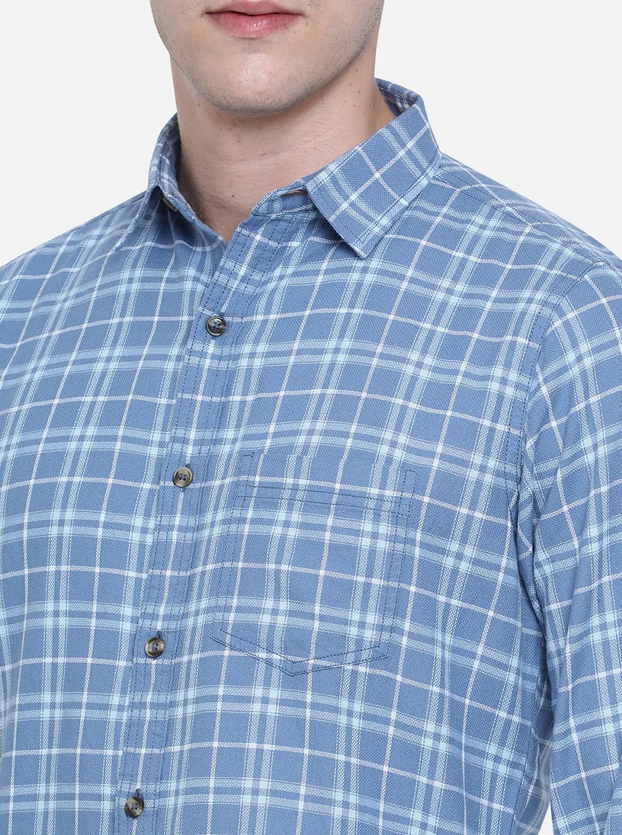 Copen Blue Checked Slim Fit Semi Casual Shirt | JadeBlue