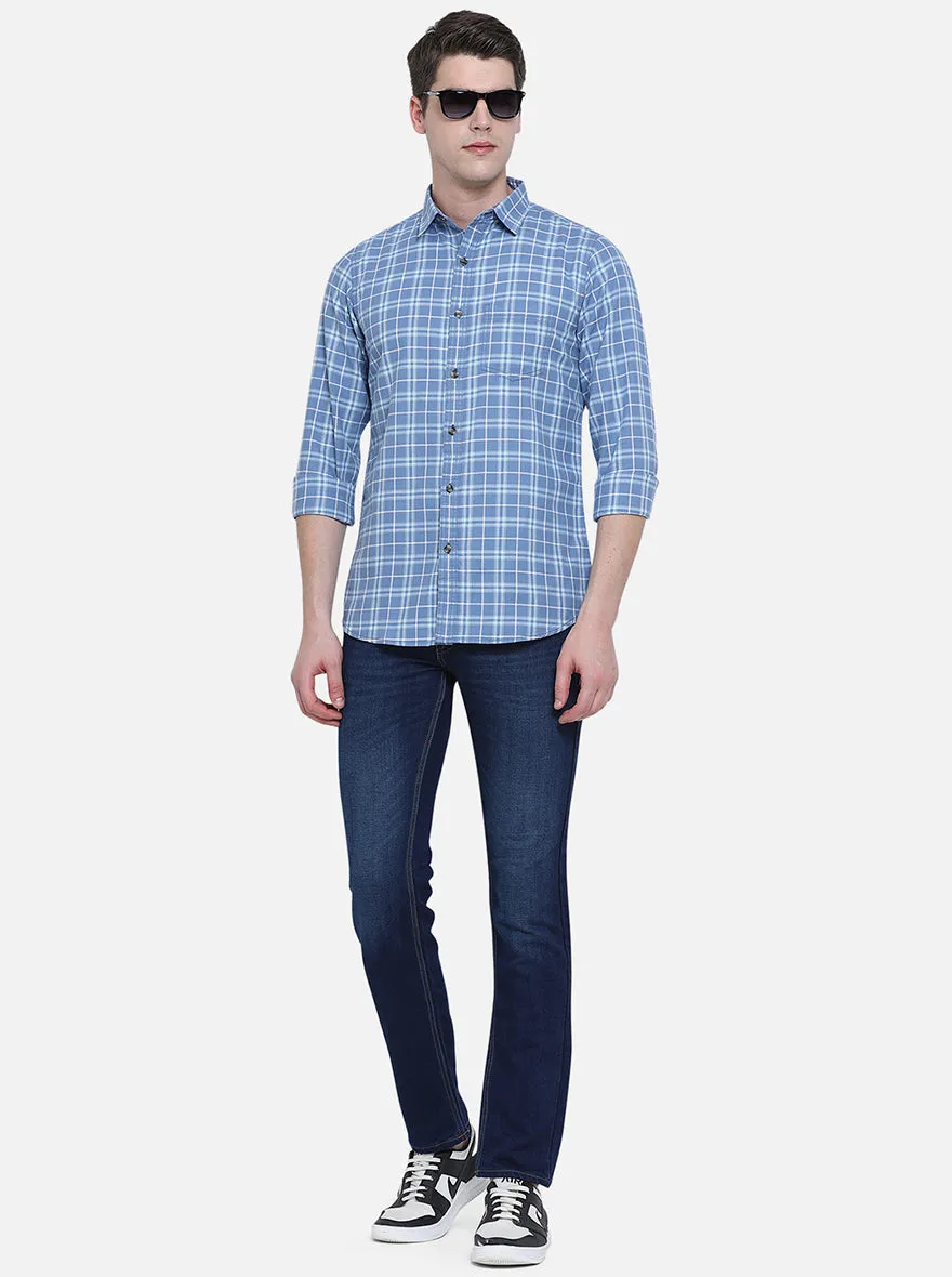 Copen Blue Checked Slim Fit Semi Casual Shirt | JadeBlue