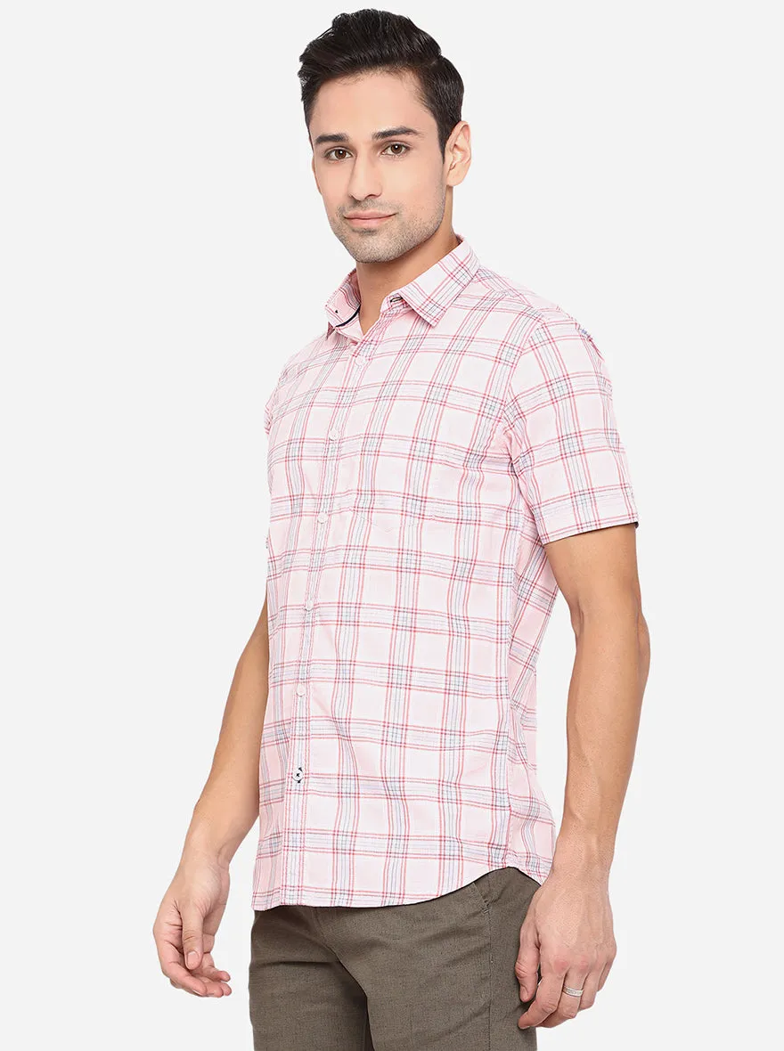 Coral Pink Checked Slim Fit Semi Casual Shirt | JadeBlue