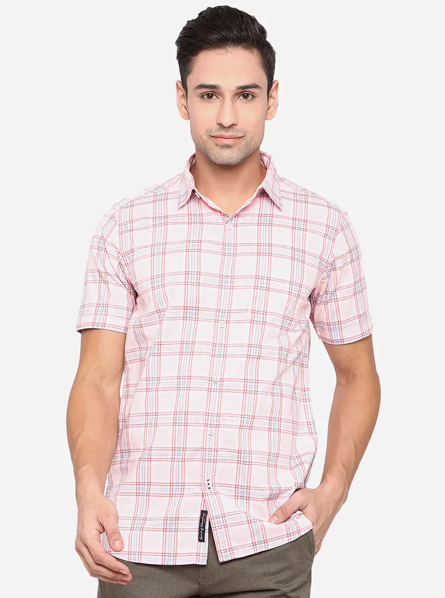 Coral Pink Checked Slim Fit Semi Casual Shirt | JadeBlue