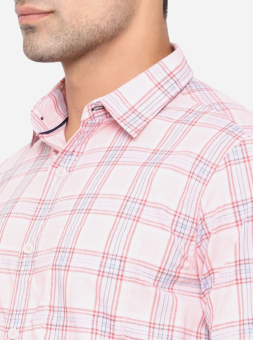 Coral Pink Checked Slim Fit Semi Casual Shirt | JadeBlue