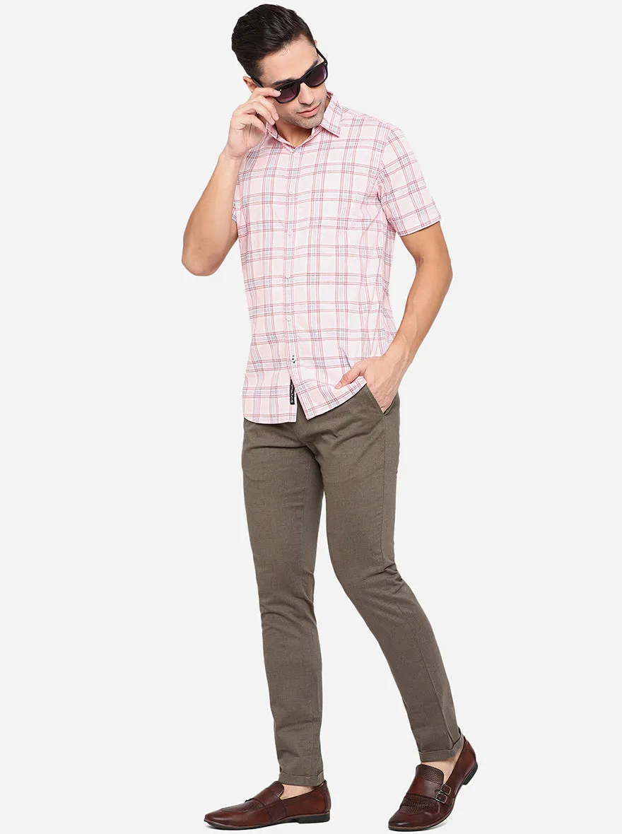 Coral Pink Checked Slim Fit Semi Casual Shirt | JadeBlue