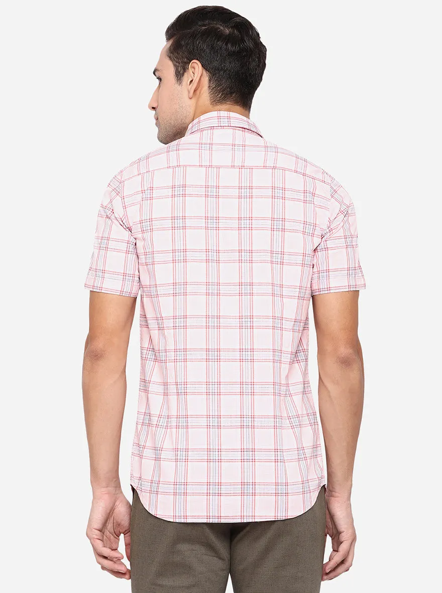 Coral Pink Checked Slim Fit Semi Casual Shirt | JadeBlue