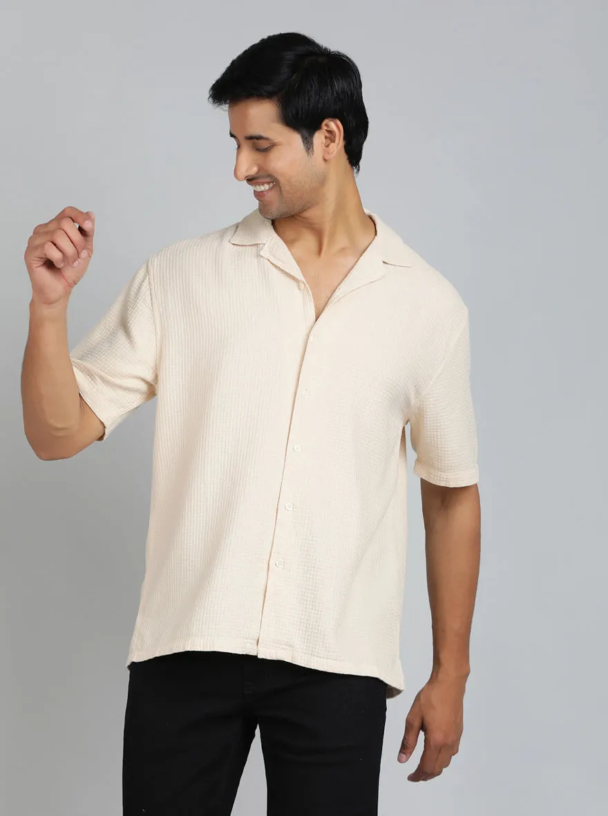 Cream Dobby Slim Fit Casual Shirt | JadeBlue