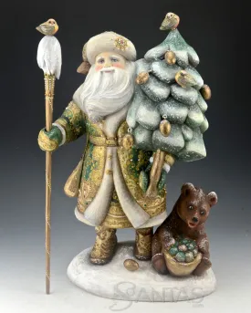 Emerald Green Russian Santa Carving with Bear and Holding a Christmas Tree