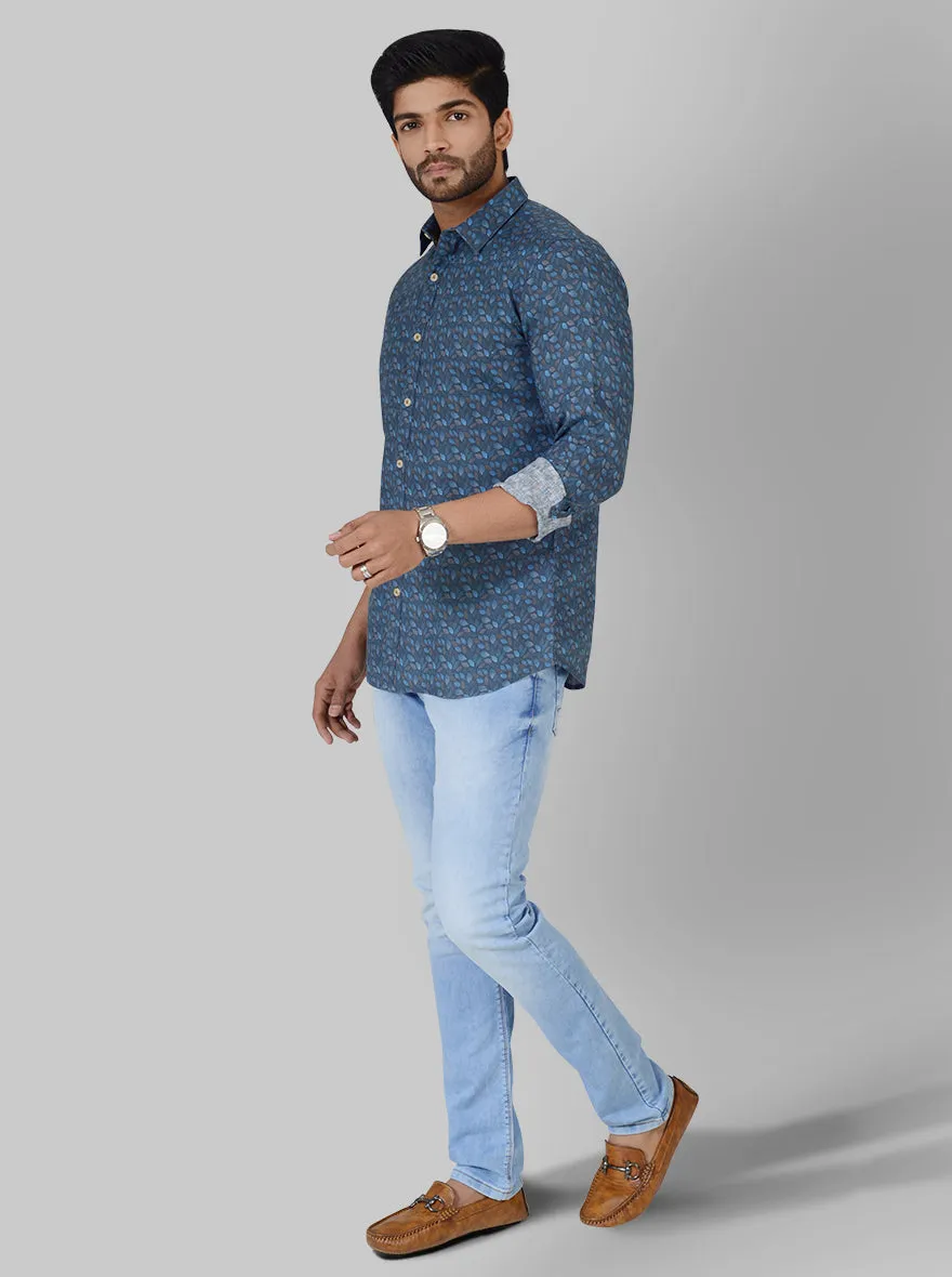 Ensign Blue Printed Slim Fit Casual Shirt | JadeBlue