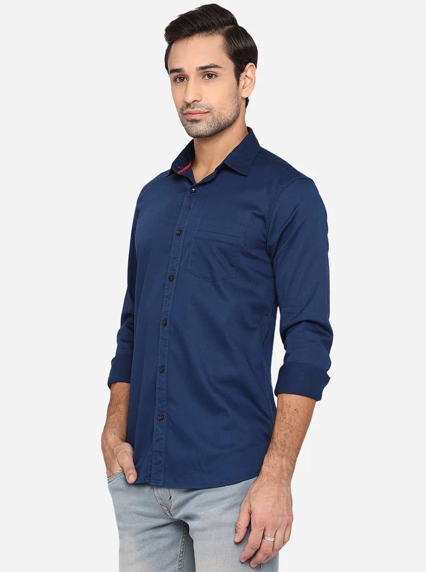 Ensign Blue Solid Slim Fit Semi Casual Shirt | JadeBlue