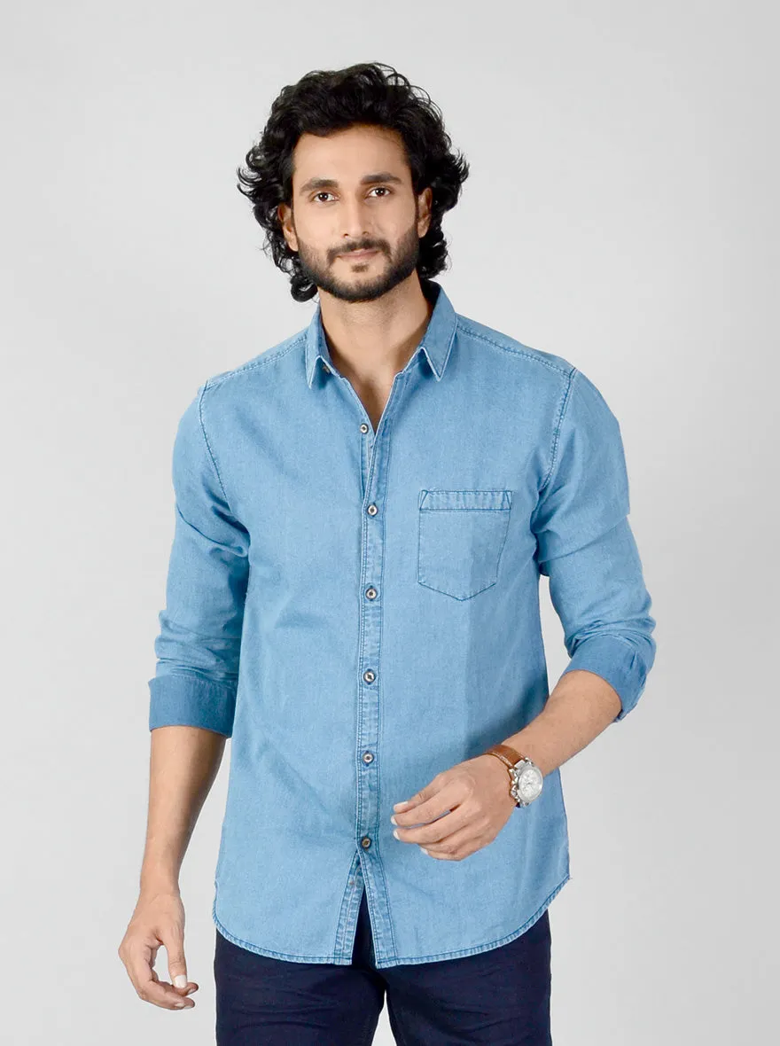 Faded Denim Blue Solid Slim Fit Casual Shirt | JadeBlue