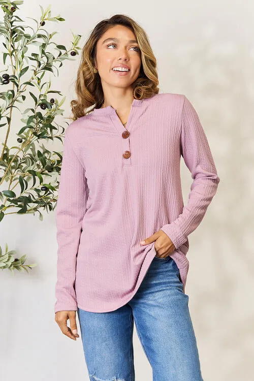 Full Size Texture Half Button Long Sleeve Blouse