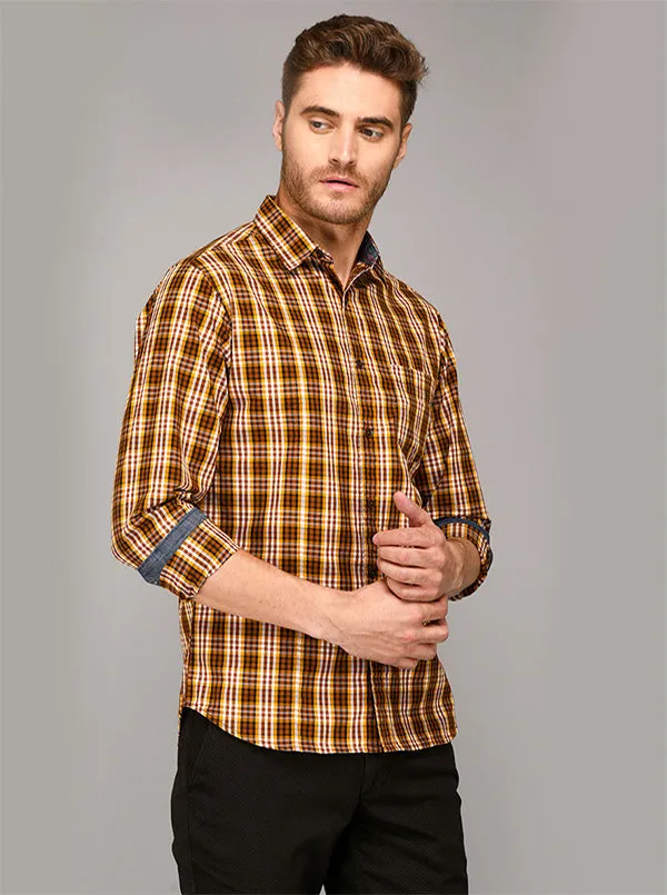 Greenfibre Brown Checked Slim Fit Casual Shirt