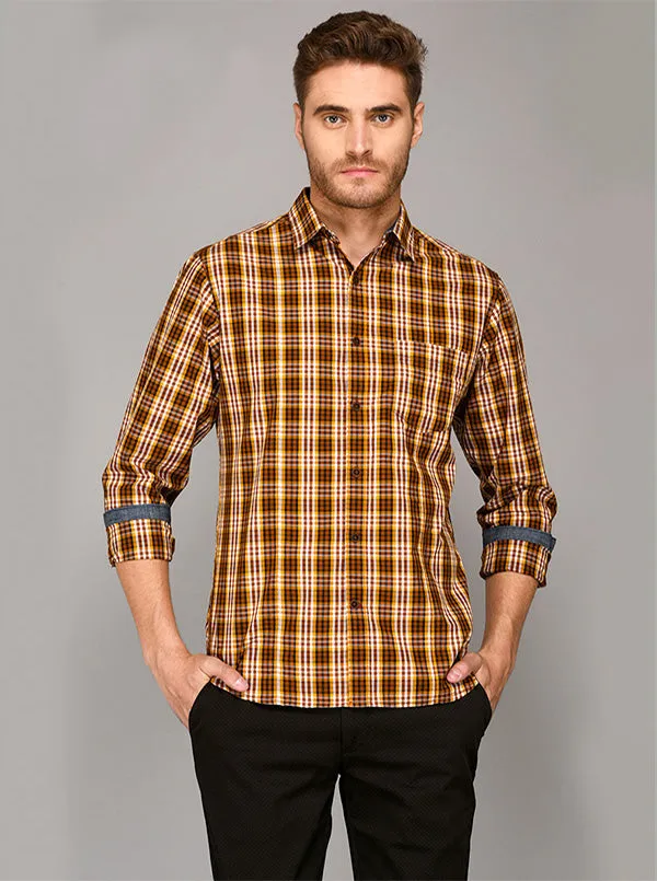 Greenfibre Brown Checked Slim Fit Casual Shirt