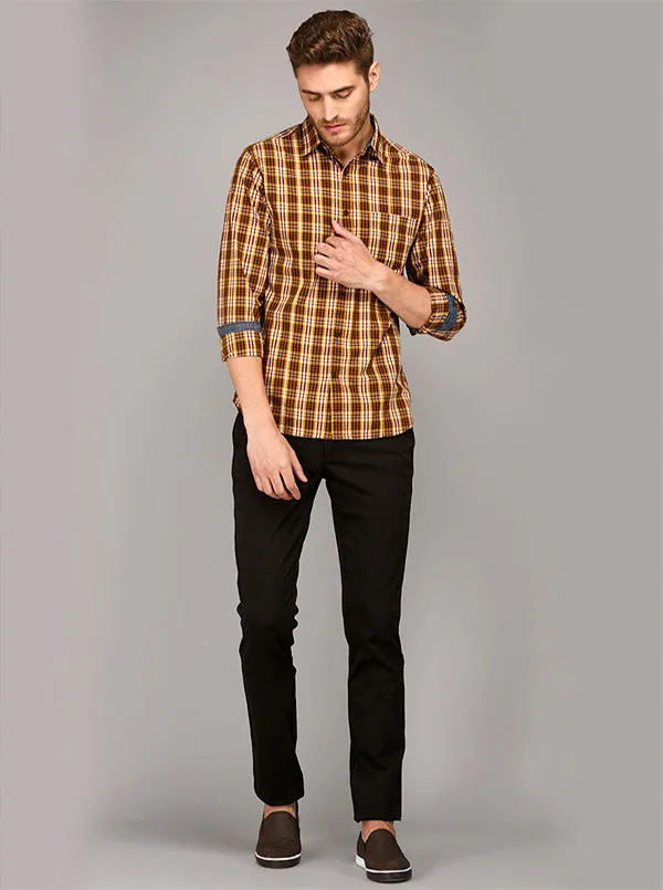 Greenfibre Brown Checked Slim Fit Casual Shirt