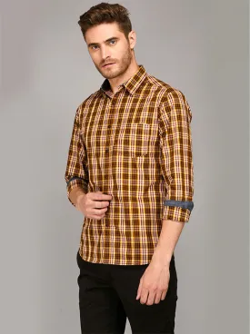 Greenfibre Brown Checked Slim Fit Casual Shirt