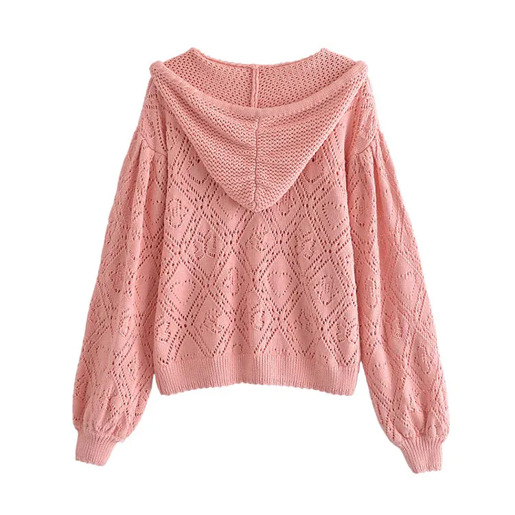 Hollow out design short Pink Knitted Hooded Sweater       S2519