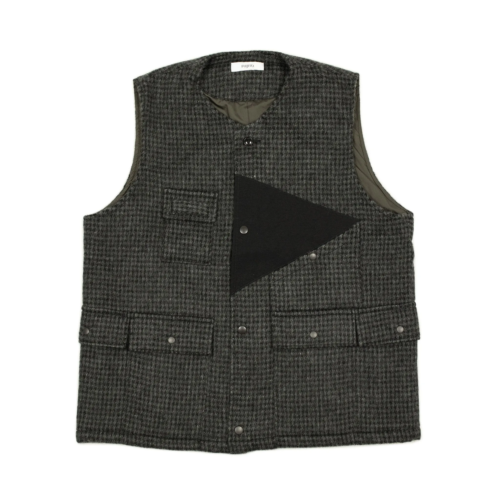 Hunting vest in black and grey check wool/linen