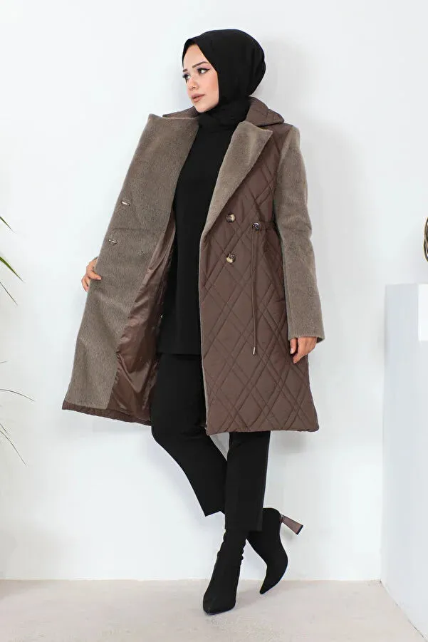 Imajbutik Women's Brown Double Breasted Collar Quilted Coat