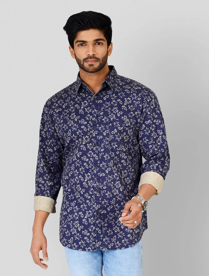 Indigo Blue Printed Slim Fit Casual Shirt | JadeBlue