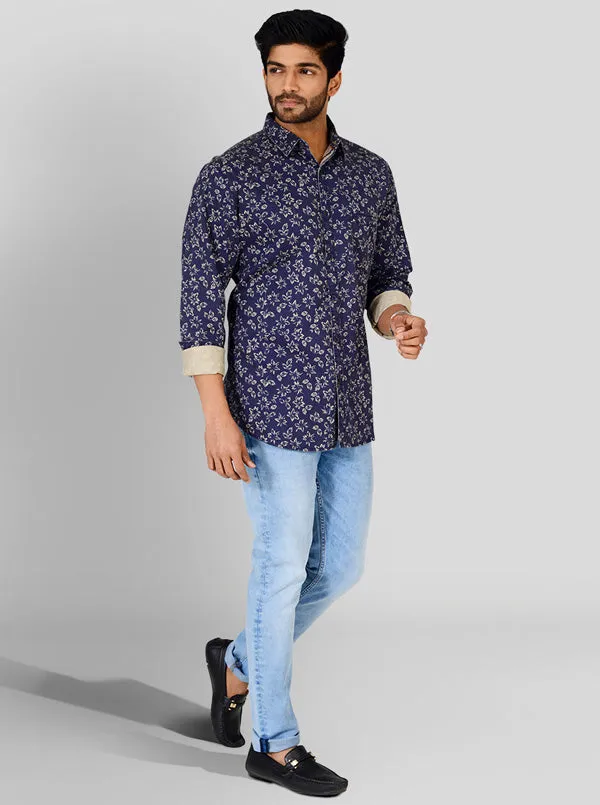 Indigo Blue Printed Slim Fit Casual Shirt | JadeBlue