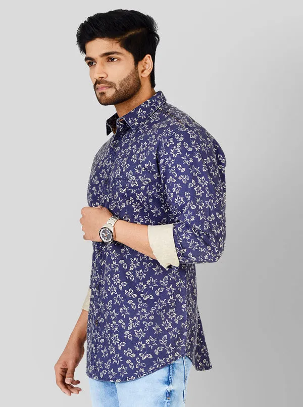 Indigo Blue Printed Slim Fit Casual Shirt | JadeBlue