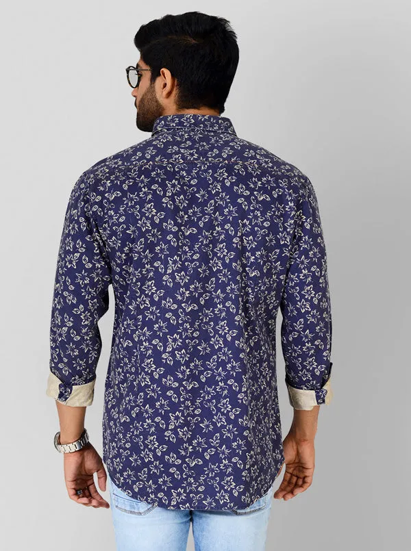 Indigo Blue Printed Slim Fit Casual Shirt | JadeBlue