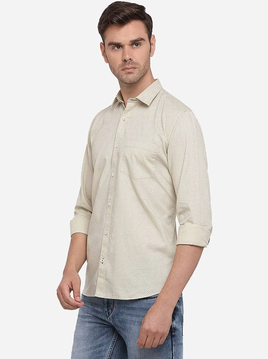 Light Beige Printed Slim Fit Semi Casual Shirt | Greenfibre