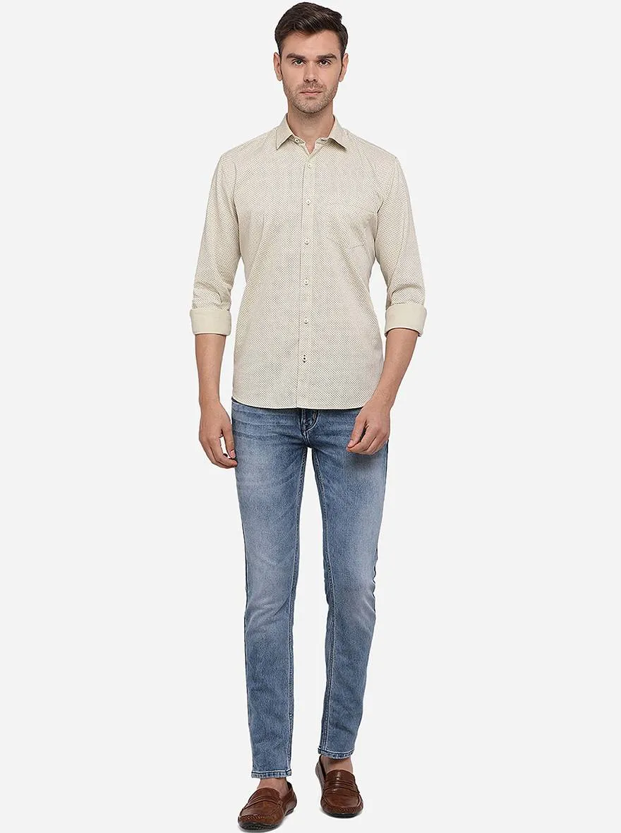 Light Beige Printed Slim Fit Semi Casual Shirt | Greenfibre