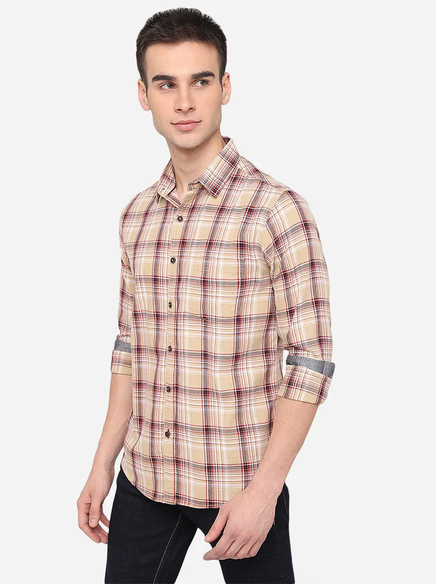 Light Yellow & Red Checked Slim Fit Casual Shirt | Greenfibre